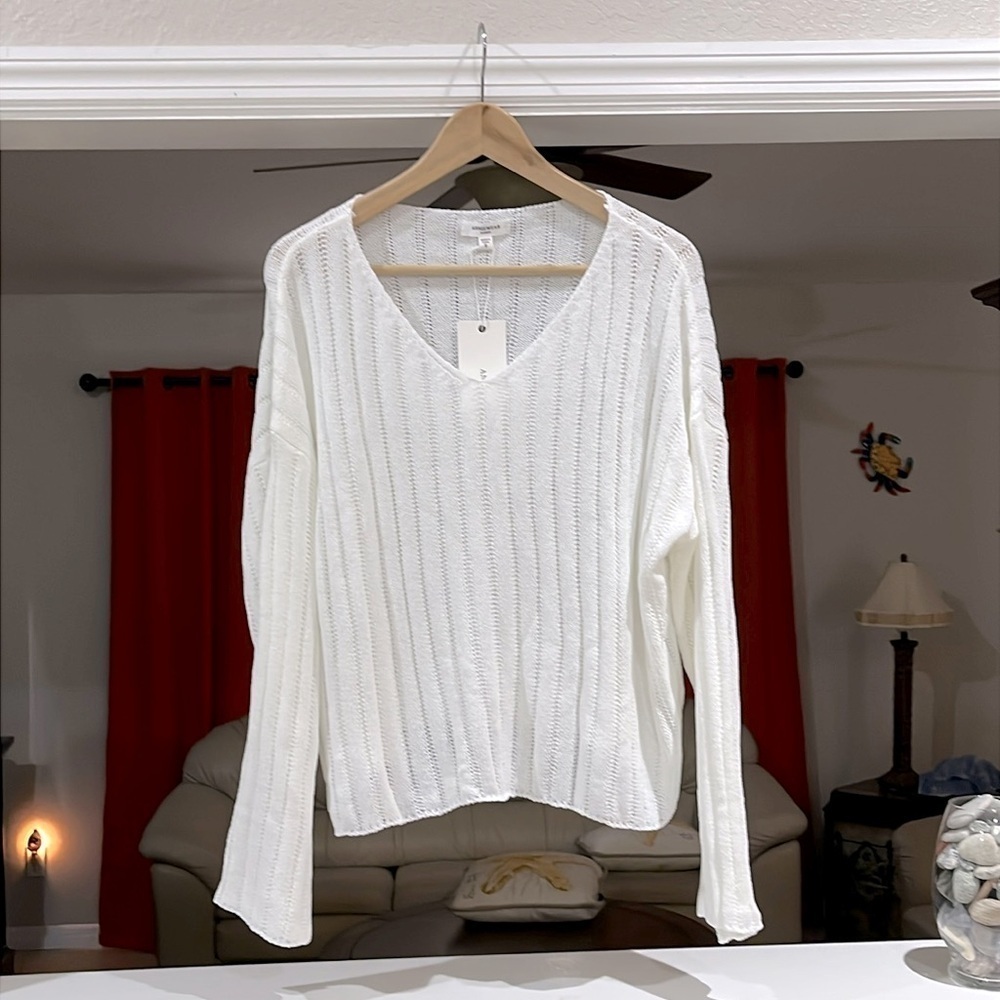 Annie Wear V-Neck Loose Fit Sweater Womens Size S White Knit NEW